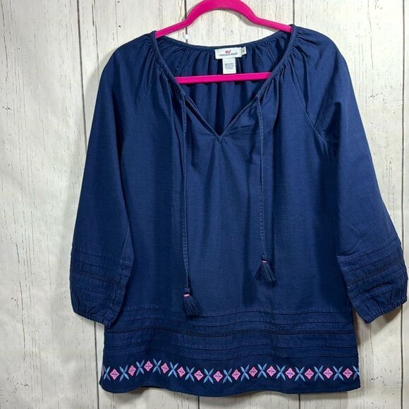 Vineyard Vines Embroidered Hem Peasant Hippie Tassel Blue Pink Cotton Blouse - Picture 1 of 15